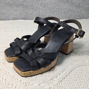 $449 Paul Green Black Leather Cork‎ Platform Sandals Square Toe UK 4 US 6 NEW